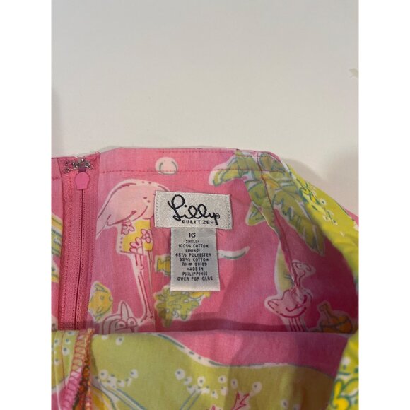 Lilly Pulitzer Flamingo & Palm Print Pink Mini Skirt W/ Green Ribbon Tie Detail - Picture 6 of 6